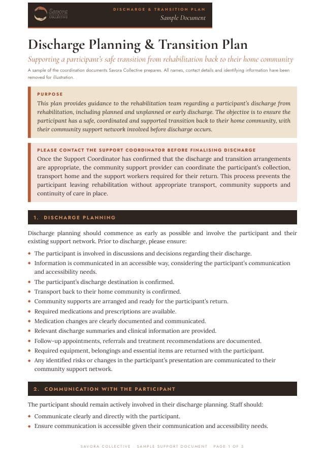 First page of the sample Discharge and Transition Plan